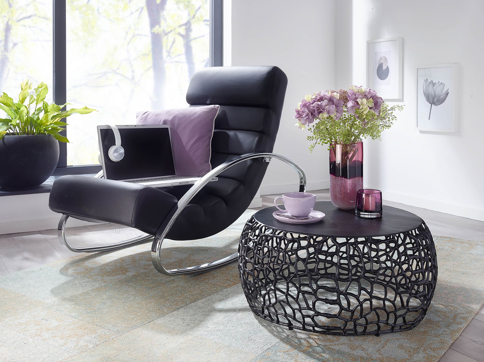 home24 Salontafel Brodeur, rond, zwart, Diameter: 55 cm