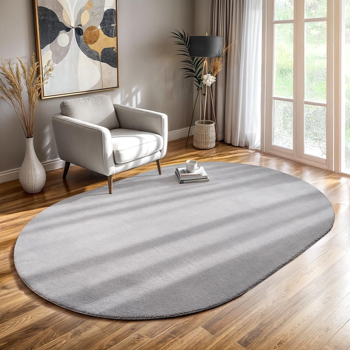 Modern Ovaal Laagpolig Vloerkleed met Antislip Grijs