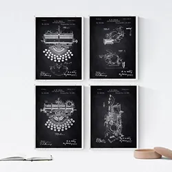 POSTER Set mit 4 SCHWARZ PATENTEN Schreibmaschinen A4 Schwarzer Rahmen