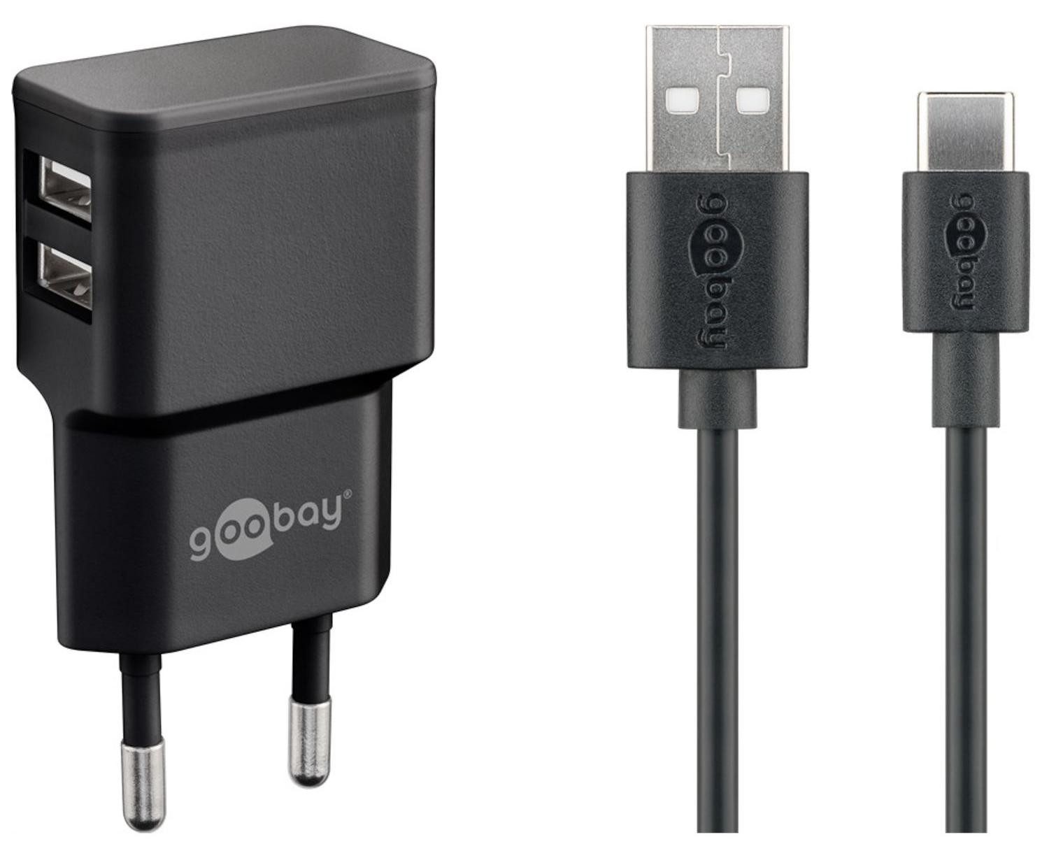 Goobay USB-C dubbele oplader 2,4A zwart 1 meter
