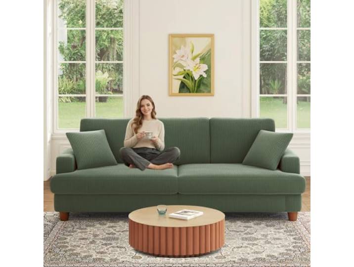 Kidirect Cord Sofa 3 Sitzer, 221CM Bequemes Couch 3 Sitzer, Sofa Wohnzimmer Big Sofa Couch 53CM Extra Tiefe Sitze, Werkzeugfreie Montage, Modernes Couch fürs Büro, 2 Kissen, Schlafzimmer Sofas Waldgrün