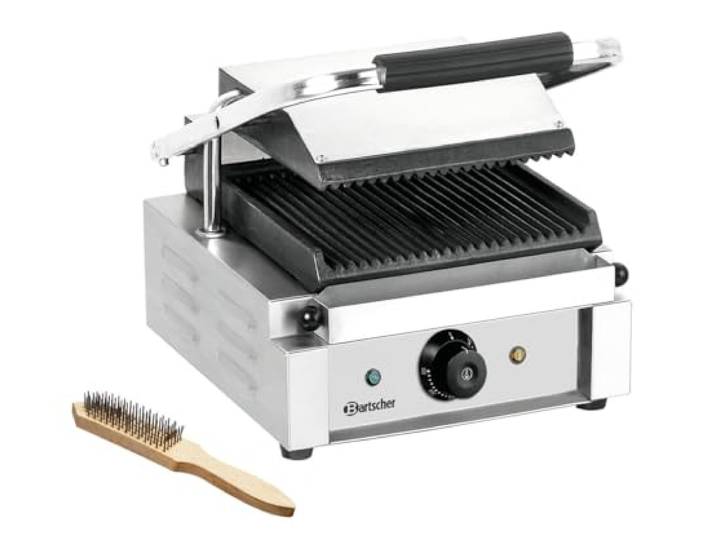 Bartscher Kontaktgrill 1800 1R mit gerillten Gusseisenplatten, Edelstahlgehäuse, thermostatisch regelbar, 1,8 kW, silbergrau, für Gastronomie