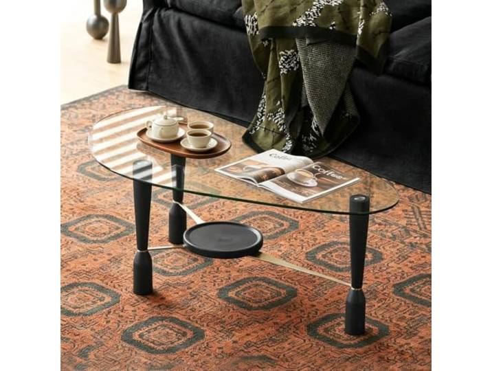 EBOYNSowAprr Ovaler gläserner Couchtisch für Wohnzimmer Zweistöckiger moderner Mitteltisch mit Massivholzablage, Minimalistisches Mid-Century Design(Black,41.7x22.0x15.7 in)
