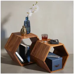 KADIMA DESIGN Sheesham Massivholz Satztisch 2er Set in Wabenform, Braunton, handgefertigt