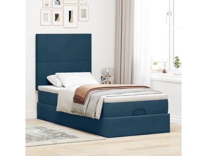 KTHLBRH Ottoman Bett aus Samt, dunkelblau, 90 x 200 cm Mit Kopfteil, Taschenfederkernmatratze, hydraulischer Anhebung, inklusive Matratzenbezug
