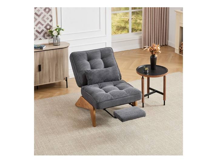 Odikalo Loungesessel Relaxsessel Einzelsessel (Moderner verstellbarer rückenfreier Loungesessel aus Stoff mit Fußstütze mit Lendenkissen und Holzbeinen für Wohnzimmer/Schlafzimmer/Studierzimmer(Dunkelgrauer Cord)