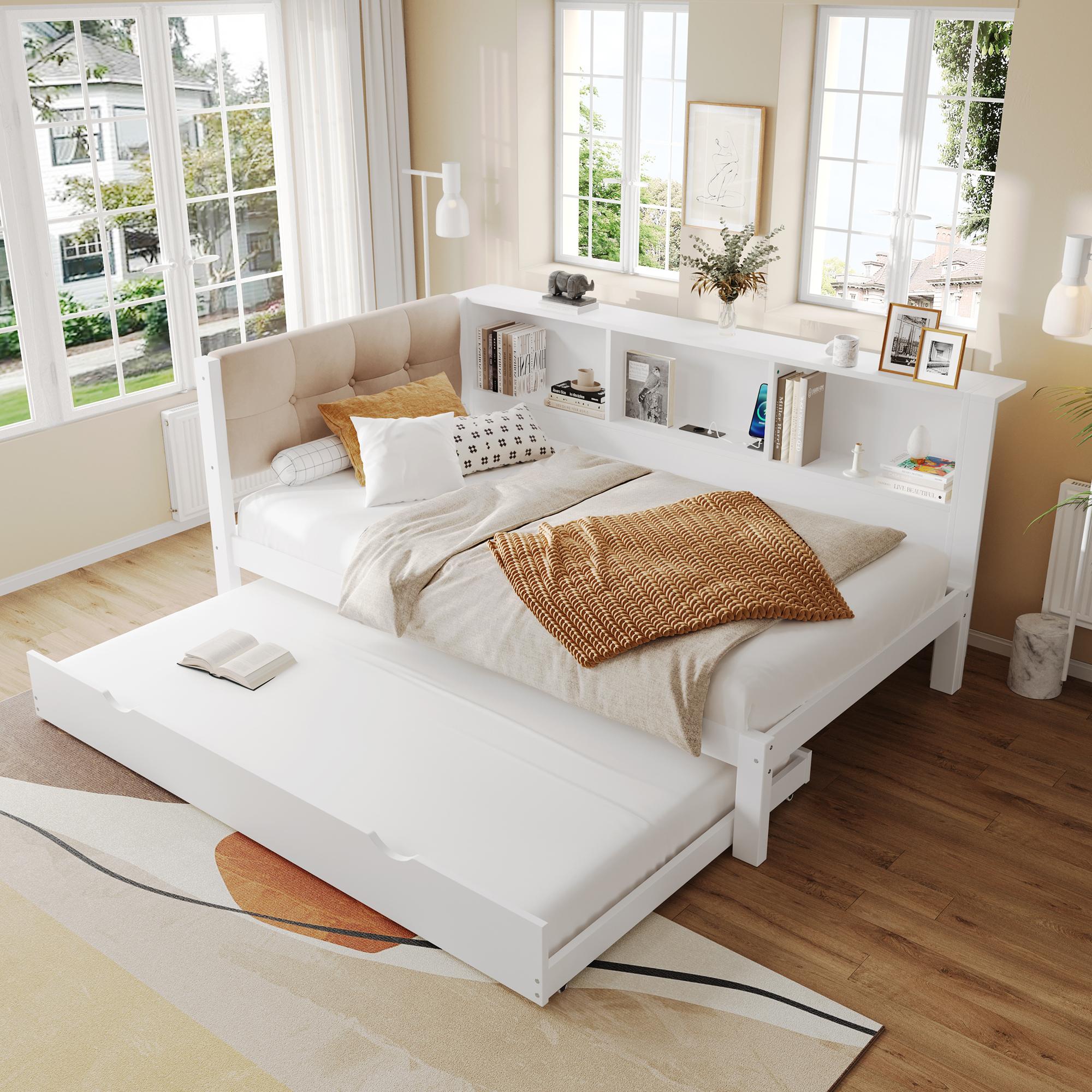 Tagesbett mit Ausziehbett, LED-Beleuchtung & USB, aus Kiefernholz, weiß, 90x200 cm