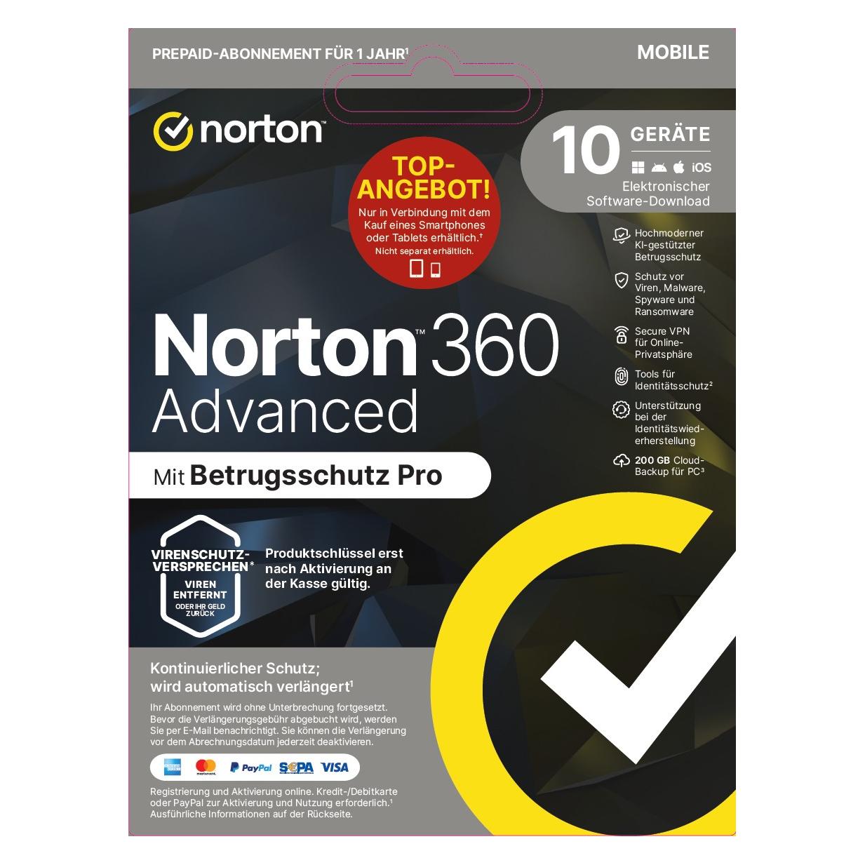 Norton LifeLock 360 Advanced PWM No Insurance 200GB 1u/10d/1y Download Code (1 User, 10 Geräte/User, 12 Monate) (21488083)