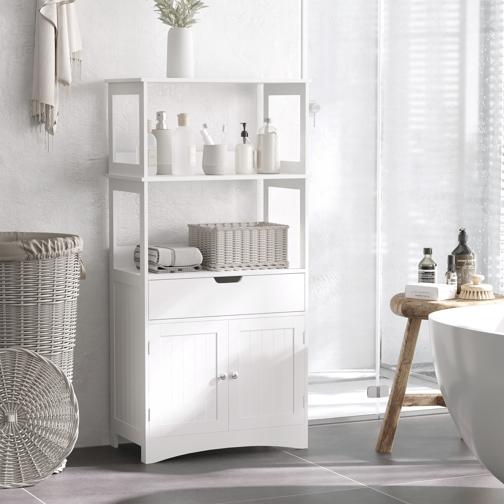 Altro Mobile Bagno Con Mensole, Armadietto E Cassetto, Mobiletto Da Bagno Multiuso In Legno, Bianco, 60x33x122.5cm