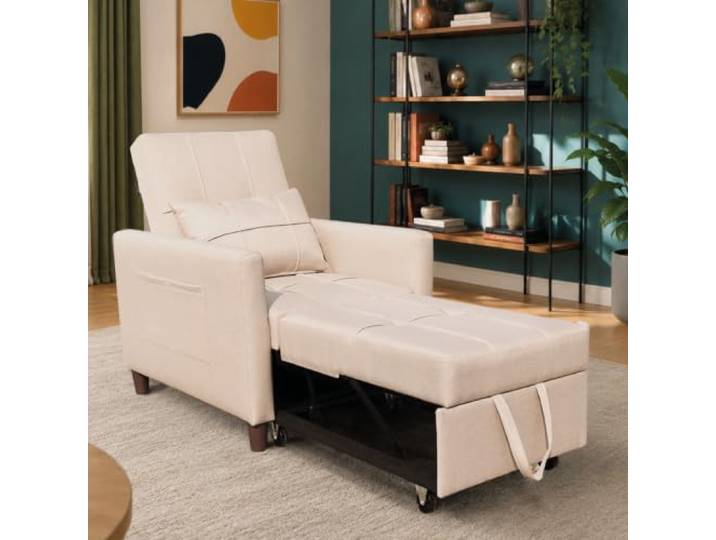 AMBINESS 3in1 Schlafsofa EIN & Zweisitzer Sofa, Chaise Longue & Gästebett viele Modelle, Liegefläche 200cm, 220g/m² Leinenstoff Einsitzer Beige