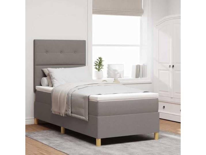 RJPLMFV Stoffbett, Taupe, 90 x 190 cm, mit Kopfteil Lattenrahmen inklusive, Taschenfederkernmatratze, verstellbarer Kopf in 2 Höhen, Massivholz und Technik