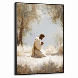 LEINWAND Bilder mit Rahmen - Jesus - Kniend - Waldlandschaft - Betend - 60x80