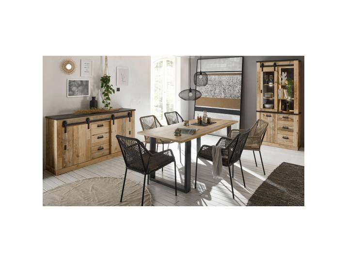 Furn.Design Esszimmer-Set Used Wood hell, anthrazit, Speisezimmer 3-teilig mit Esstisch, Vitrine Sideboard, Eichefarben, Anthrazit, Nachbildung, Uni, Holz Optik, Rechteckig, 275x201x80 cm, Esszimmer