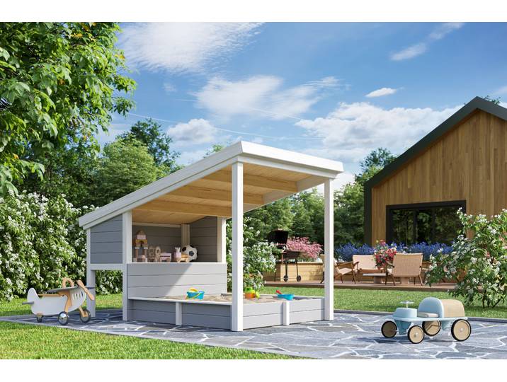 Sandkasten NORDIC HOLZ PIPPI 1 , grau (lichtgrau), B:164cm H:178,98cm T:220cm, Massivholz, Sandkästen, Sandkasten, Spielelement mit Überdachung, BxTxH: 164x220x179 cm