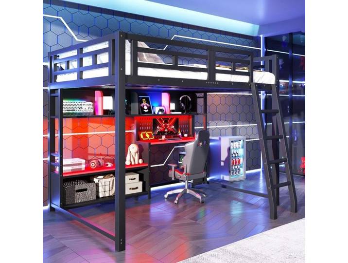 Lit superposé métal 140x200 style gaming avec éclairage LED bureau étagères rangement noir