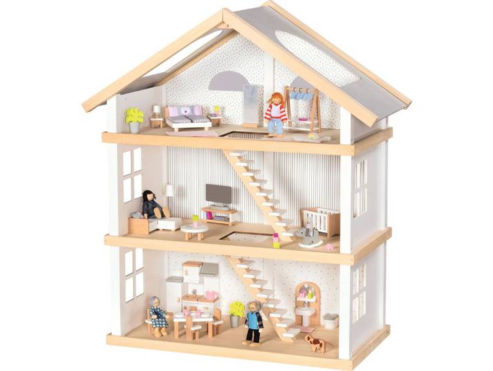 goki Puppenhaus 3 Etagen, komplett möbliert inkl. Puppenfamilie