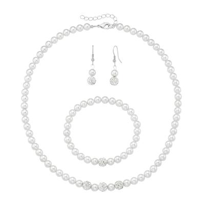 Schmuckset FIRETTI "Multipack Schmuck Geschenk Perlenkette Perlenarmband Perlenohrhaken", silber (silberfarben, kristallweiß, weiß, kristallweiß), Schmuck_Sets, Damen, Messing, Perlen, glitzernd, glänzend, Schmuckset, mit Muschelkernperlen und...