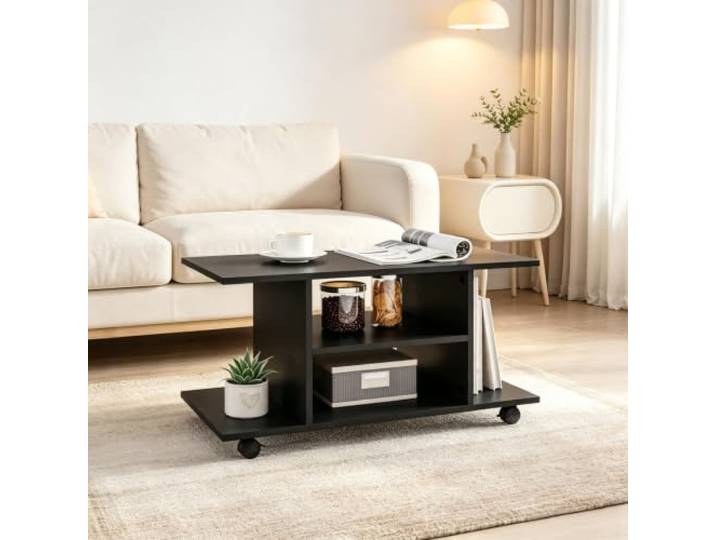 TV-Ständer mit Rollen Spanplatte Melaminbeschichtung Zwei Offene Regale TV-Bank als Beistelltisch Couchtisch mit Vier Drehbaren Rollen Bremsen Medienunterschrank Wohnzimmer