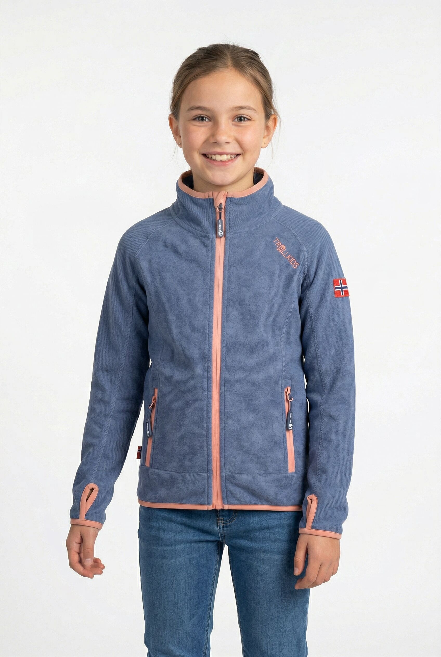 Fleecejacke TROLLKIDS "Girls Sandefjord Jacket", Kinder, Gr. 176, lotus blau, dahlia, Fleece, Obermaterial: 100% Polyester, normal, Jacken Fleecejacke, mit Kapuze, wasserabweisend, windabweisend, atmungsaktiv, leicht lotus blau, dahlia 176
