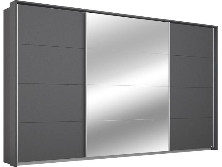 Schwebetürenschrank, Holzwerkstoff, Graumetallic, 323×214×64 cm, Mit Inneneinteilung & Beleuchtung, Modern, Rauch