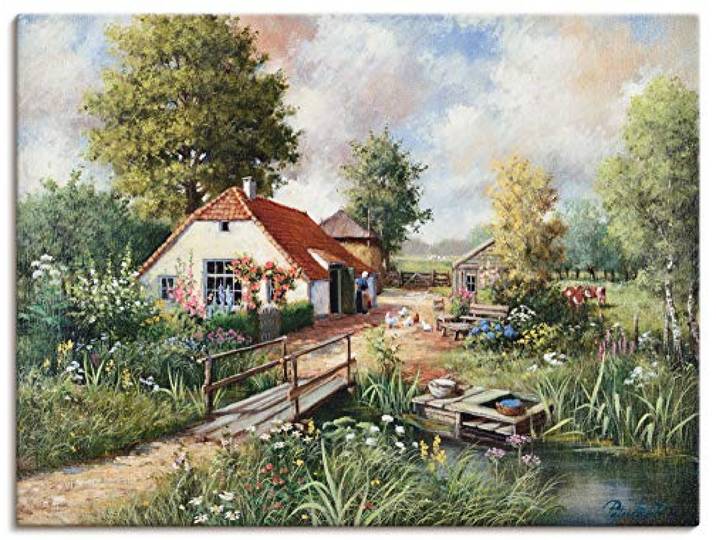ARTLAND Wanddeko Leinwand Bilder Wandbild Bauernhof Landschaft Natur Fluss Pflanzen Kunst Malerei K8PP