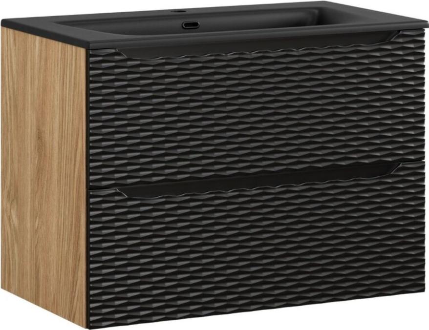 Badezimmer-Set YOKA schwarz: Unterschrank mit Schubladen 80cm + schwarzes Einbauwaschbecken