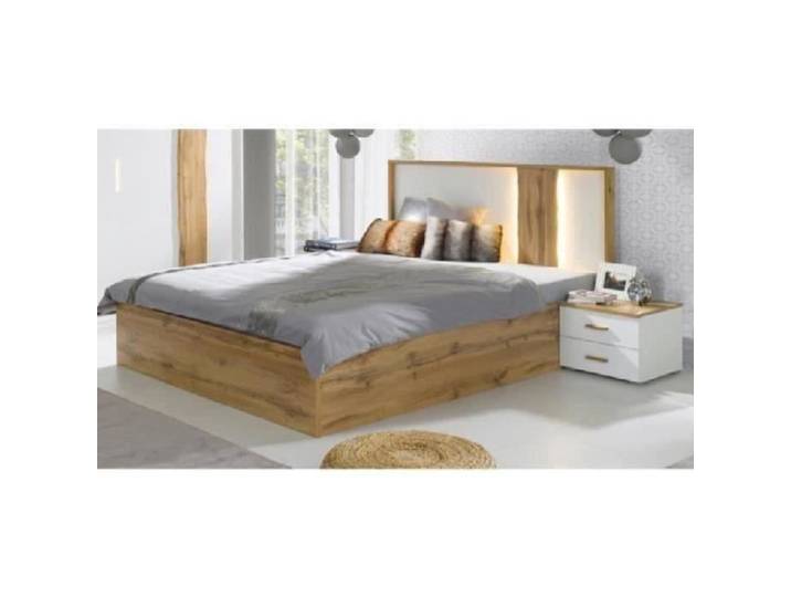 Lit adulte design WOOD 160 x 200 cm + LED dans la tête de lit. Meuble design idéal pour votre chambre. Marron