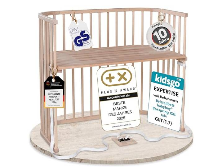 babybay Boxspring XXL Beistellbett, GS-geprüft, natur unbehandelt XXL-Liegefläche für hohe Boxspringbetten, massive Buche, stufenlos höhenverstellbar, am Elternbett befestigt & mitwachsend