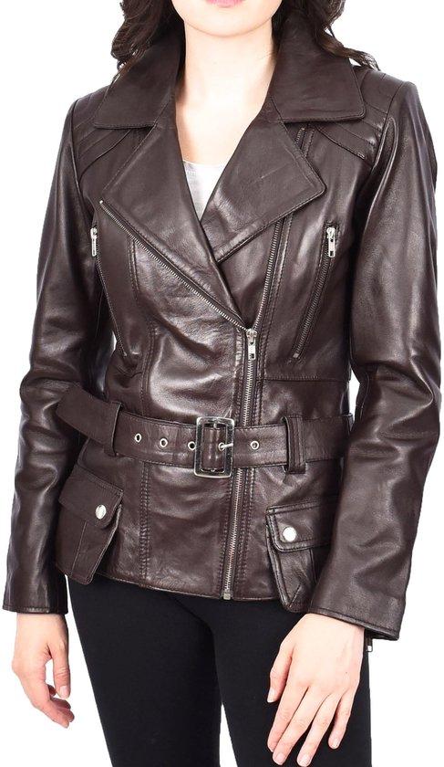 Damen Lederjacke im Biker-Stil mit Gürtel - Hüftlänge - Braun