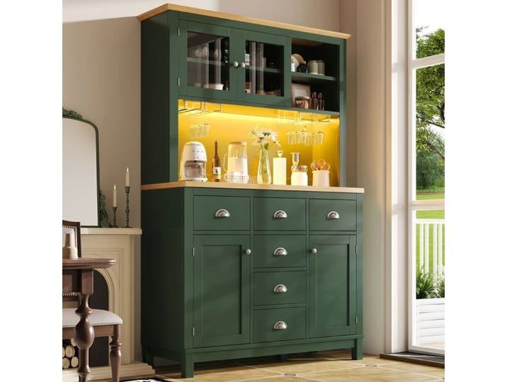 Buffet 104x40x180cm Vert 4 Portes LED App - Buffet Haut - Rangement Spacieux Tiroirs Style Campagne Moderne Anti-Basculement