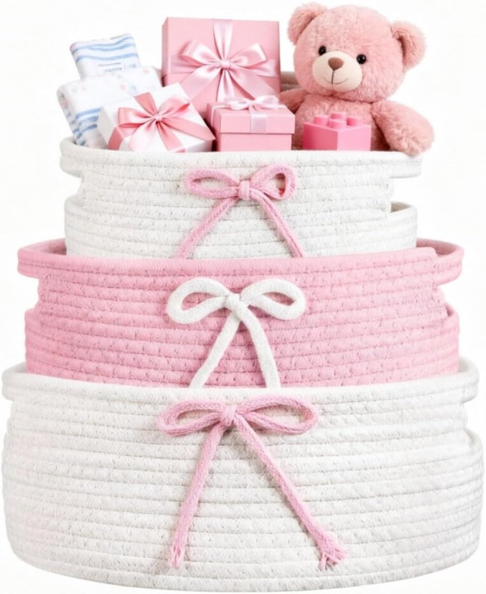 Set van 3 handgemaakte gevlochten opbergmanden van katoenen touw met handvatten - Roze Wit