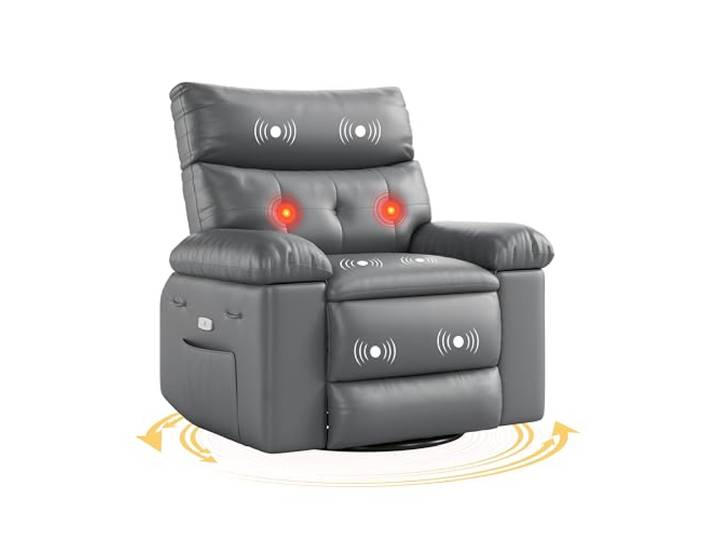 IDEALHOUSE XXL Relaxsessel aus PU-Leder mit Wärme- & Massagefunktion, 360° drehbar, manuell verstellbar mit Schaukel-/Wippfunktion, 27 extra breiter Sitz, inkl. Fernbedienung – Einzelsessel