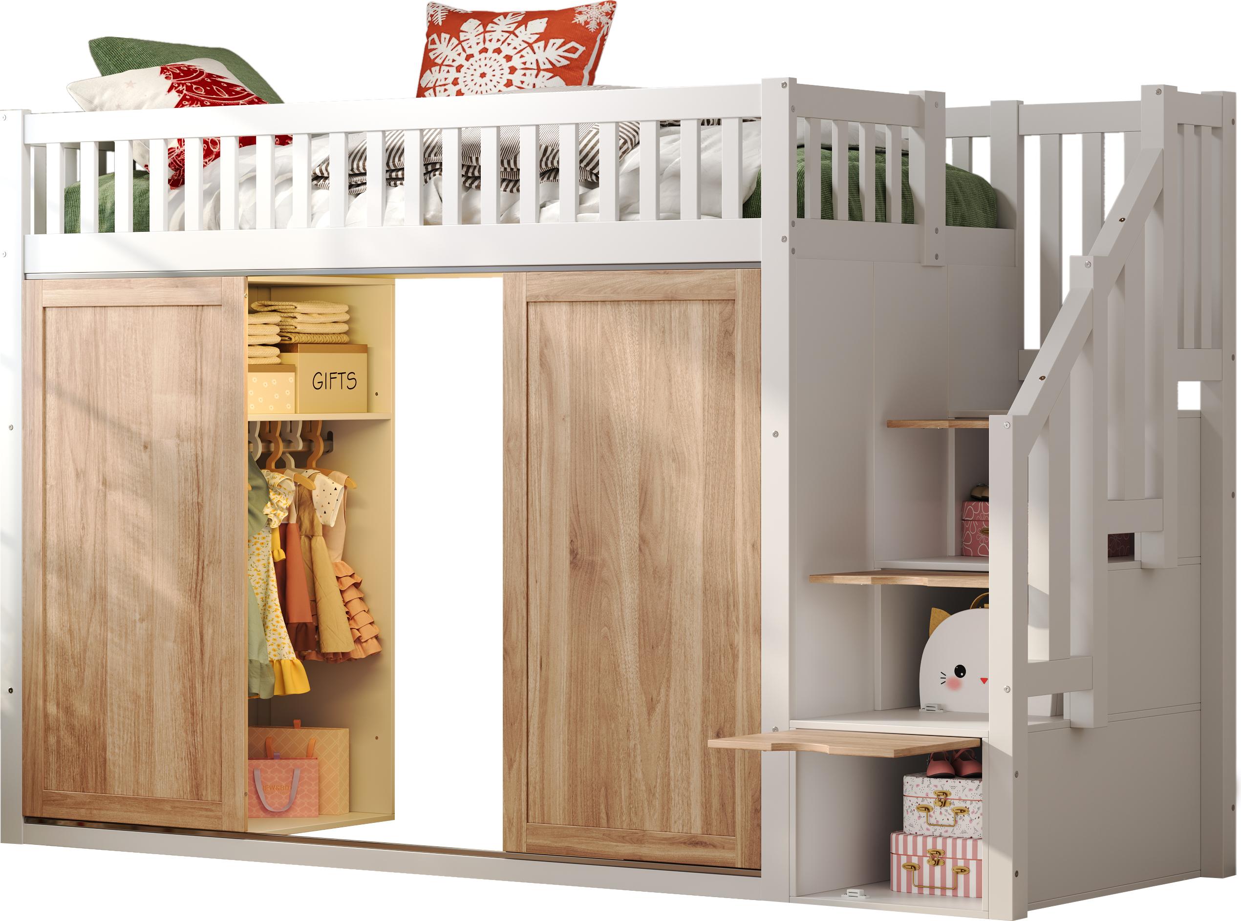Kinderbett (90 x 200 cm), Hochbett, multifunktionales Kinderbett mit Kleiderschrank und Treppenschrank, bunte Lichtleiste, ohne Matratze