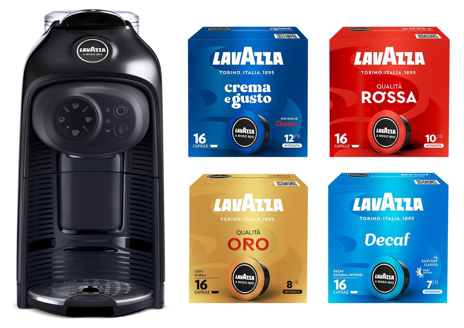 Lavazza, A Modo Mio Idola Nera Kaffeemaschine mit 64 sortierten Kapseln, kompakt
