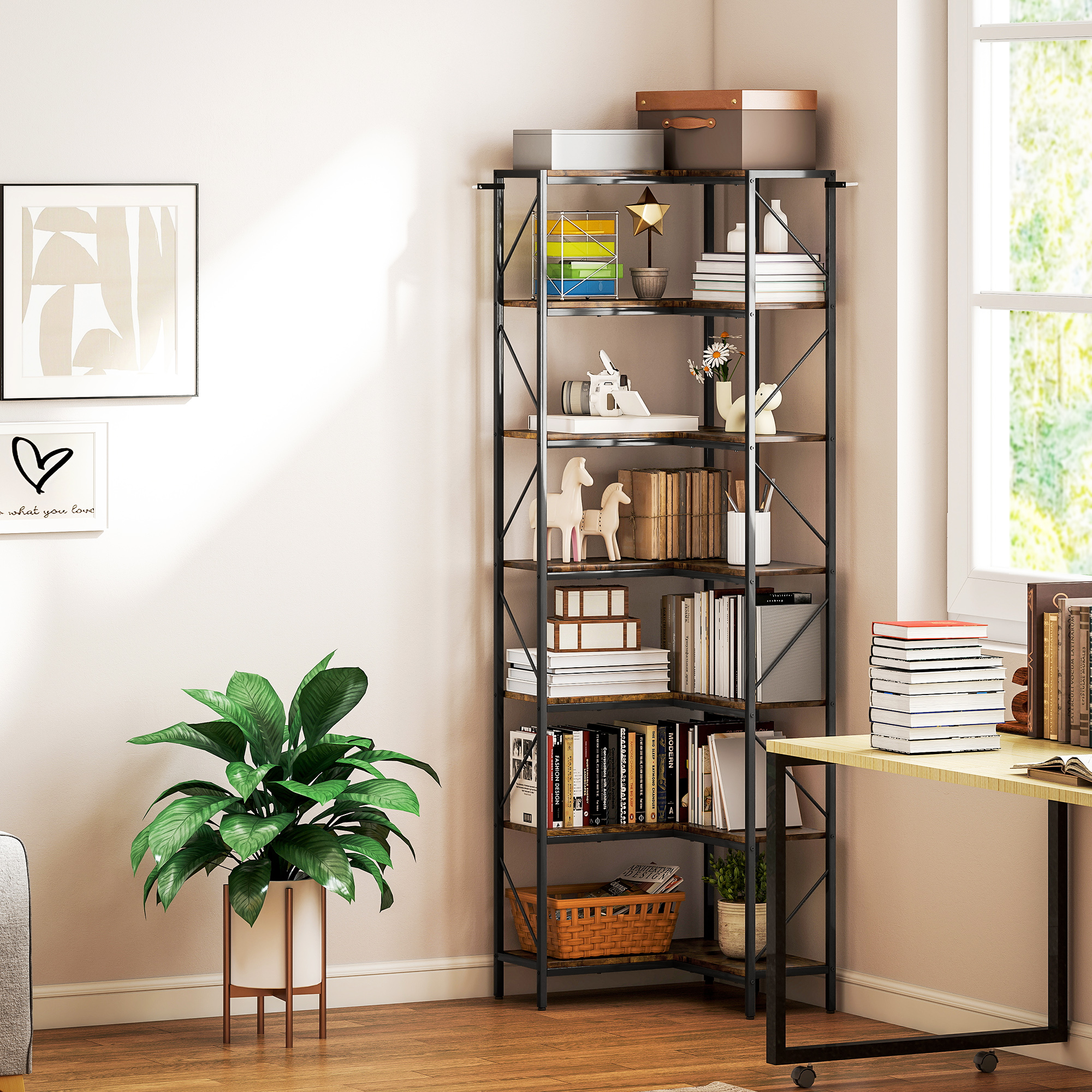 Homcom Libreria Angolare Industriale a 7 Livelli, in Legno e Acciaio, 60x60x198 cm, Marrone Rustico   Aosom Italy