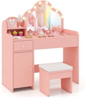 Costway Kids Vanity Desk with Mirror and Lights Princess Pretend Play Dressing Table-Pink