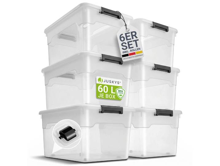 Juskys Aufbewahrungsbox mit Deckel - 6er Set Kunststoff Boxen 60l - Box groß, stapelbar, transparent - Aufbewahrung Ordnungssystem Aufbewahrungsboxen