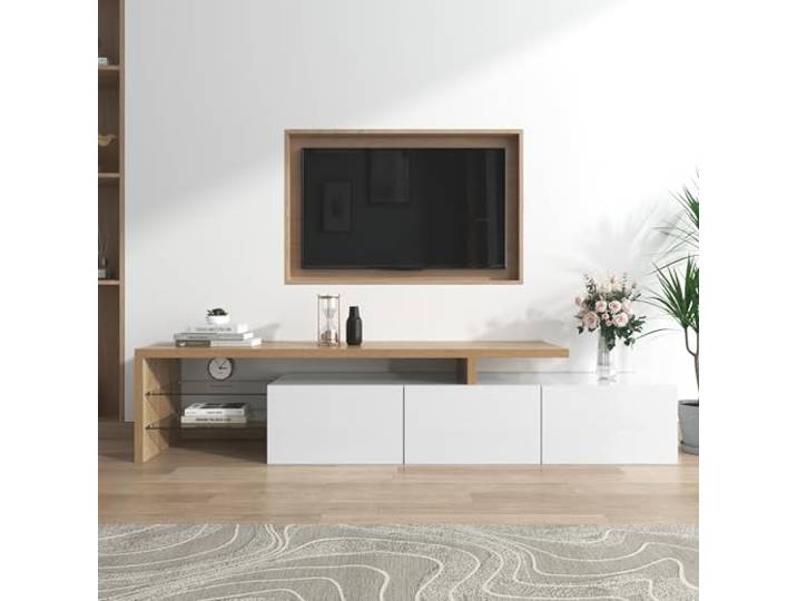 Merax TV-Bänke TV-Schrank Lowboard Fernsehschrank mit Hochglanzweiß, Holzoptik, Glasböden und LED-Beleuchtung für Moderne Eleganz und praktischen Stauraum Weiß + Holzfarbe