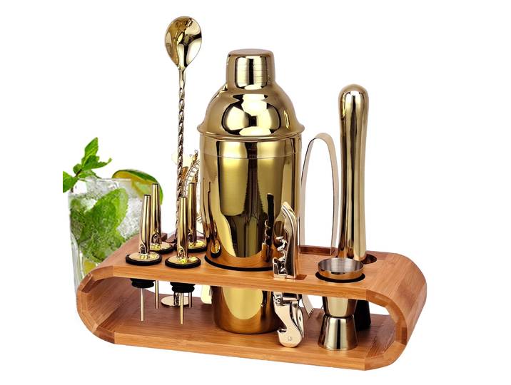 Ensemble d'outils de Bar avec support en bambou élégant, ensemble de Shaker à Cocktail en acier inoxydable, Kit de barman professionnel pour fête à la maison, 12 pièces