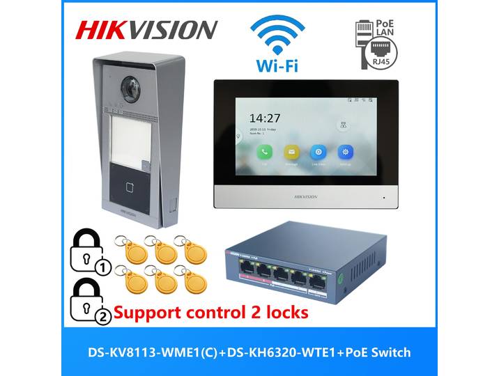 Dahua Stérilisation multilingue 3PG POE Peugeot d'interphone vidéo, comprend DS-KV8113-WME1(C) & DS-KH6320-WTE1 & PoE Switch