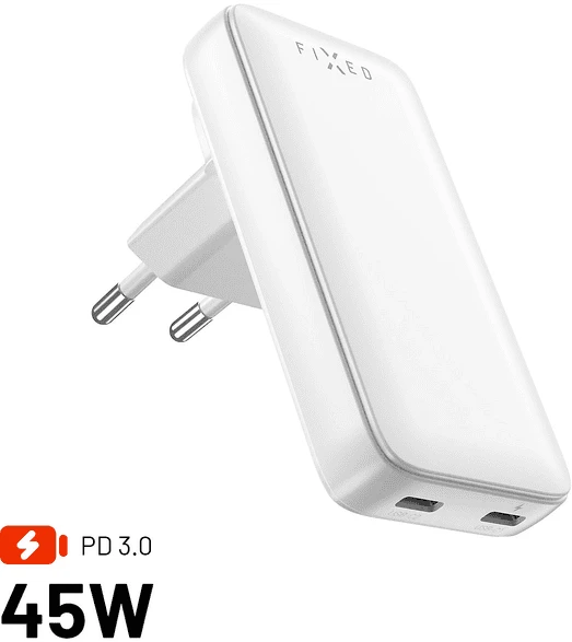 FIXED Slim Traveller GaN PD 45W mit 2x USB-C Ausgang mit austauschbaren Adaptern weiß