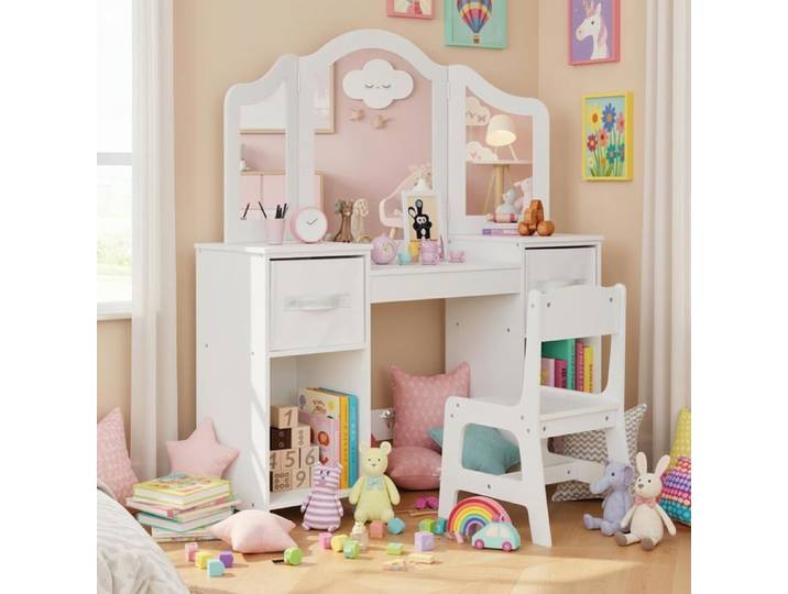 Coiffeuse Enfant 2 en 1 Amovible Coiffeuse avec Miroir et Tabouret Enfant Bureau pour Enfants Robuste avec 4 Étagères