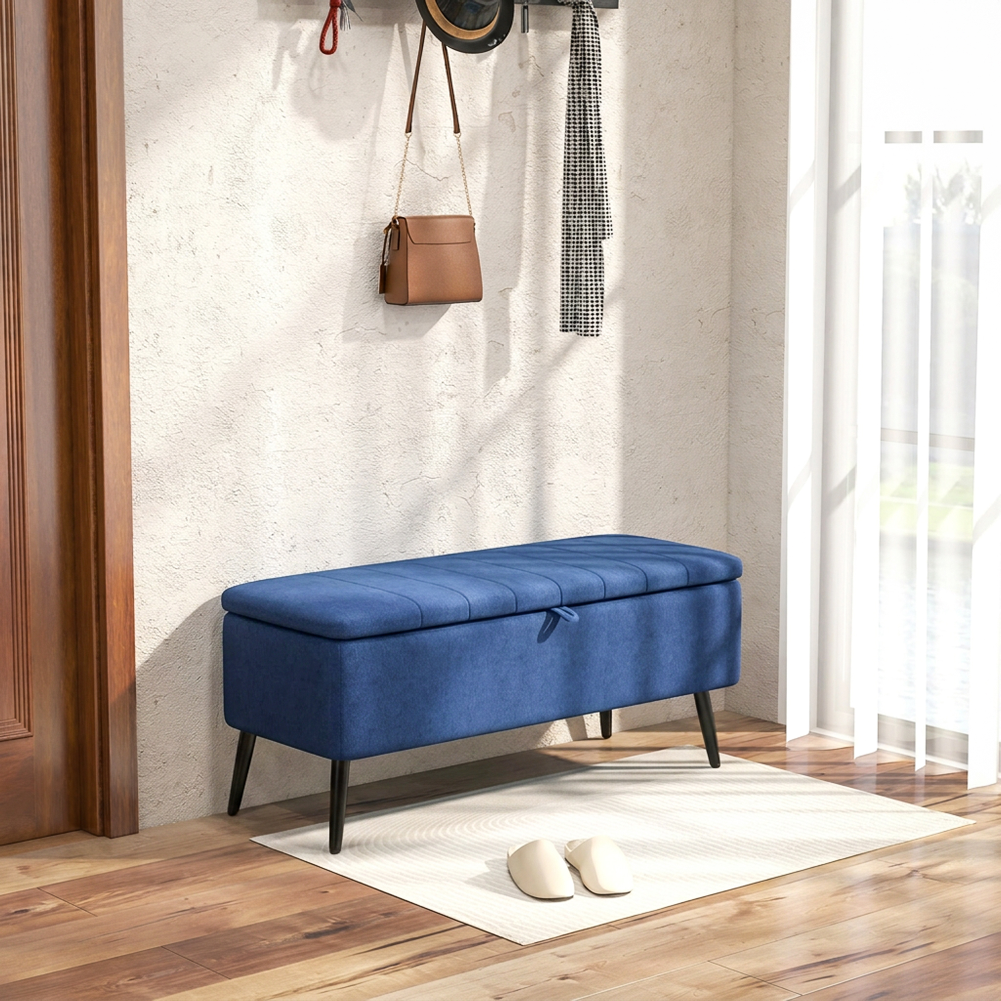 Homcom Panca Contenitore Pouf Poggiapiedi Imbottito, 102x40x44 cm, Blu Scuro   Aosom Italy