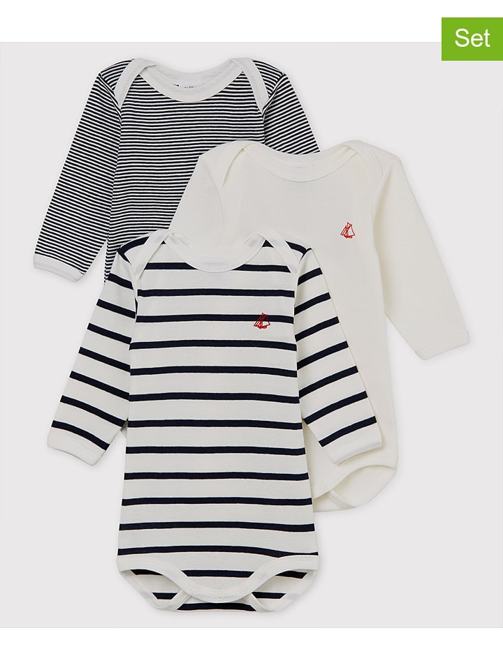 PETIT BATEAU 3er-Set: Bodys in Dunkelblau/ Creme - 80