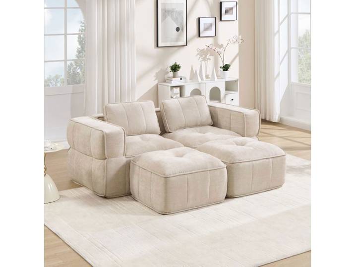 Modenuit Canapé compressé 2 places avec 2 poufs polyester beige mousse 32D