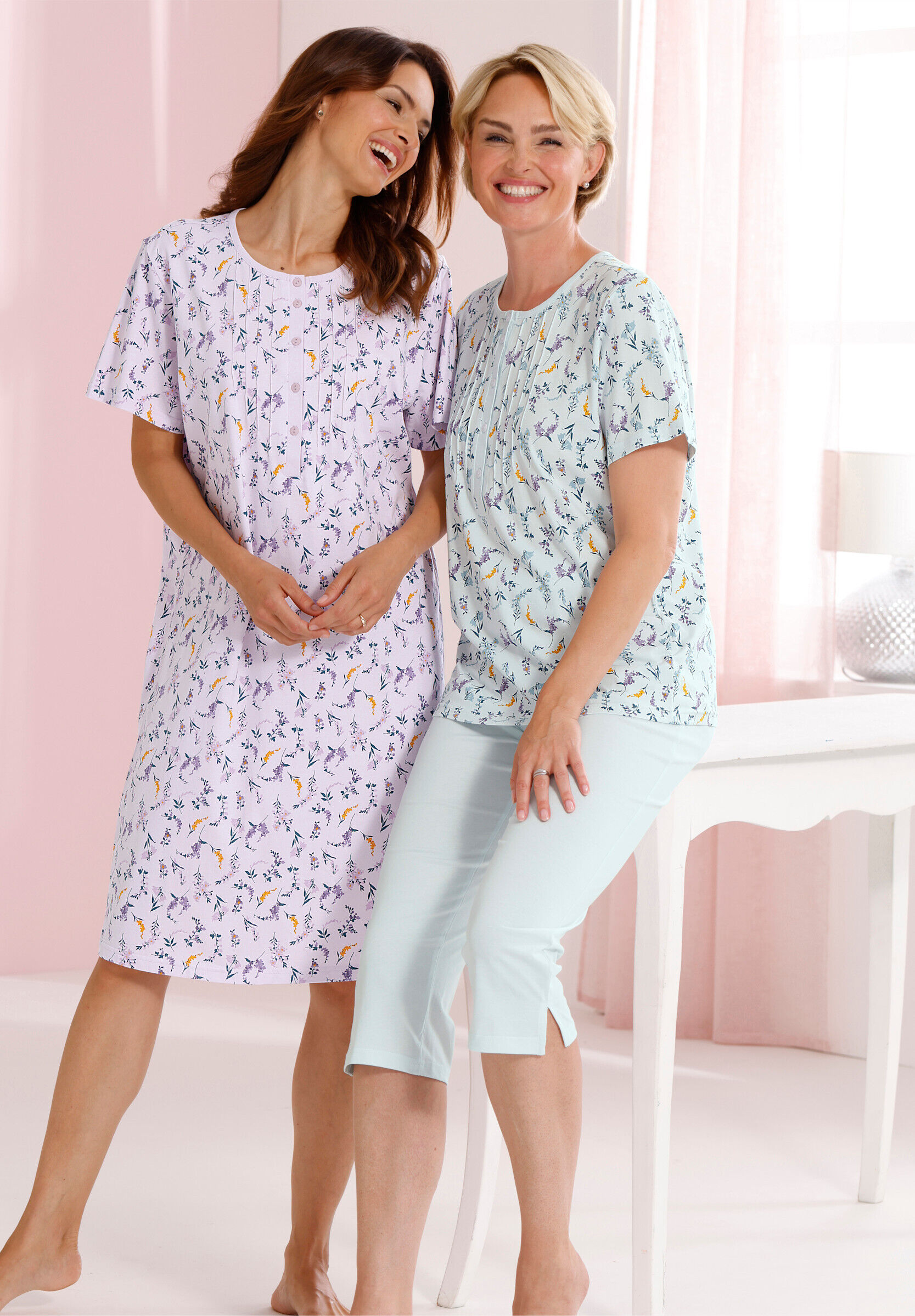 Capri-Pyjama COMTESSA "Capri-Anzug Capri-Anzug", Damen, Gr. 44/46, kalkmint, bedruckt, Basic, Rundhals, Homewear-Sets Capri-Pyjama