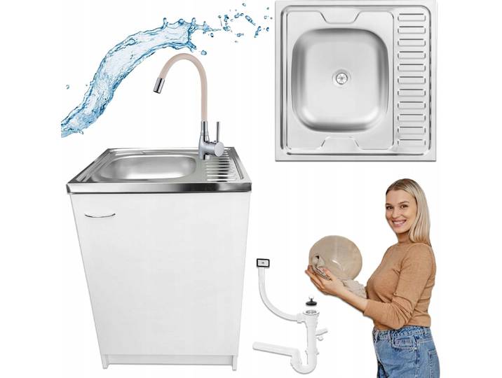 STAMAR Spülenschrank Küchenschrank 60cm Weiß Spüle Reversibel Flexarmatur Beige Siphon Standschrank 60cm Tiefe Geschirrspüler Komplett Montagefertig Set
