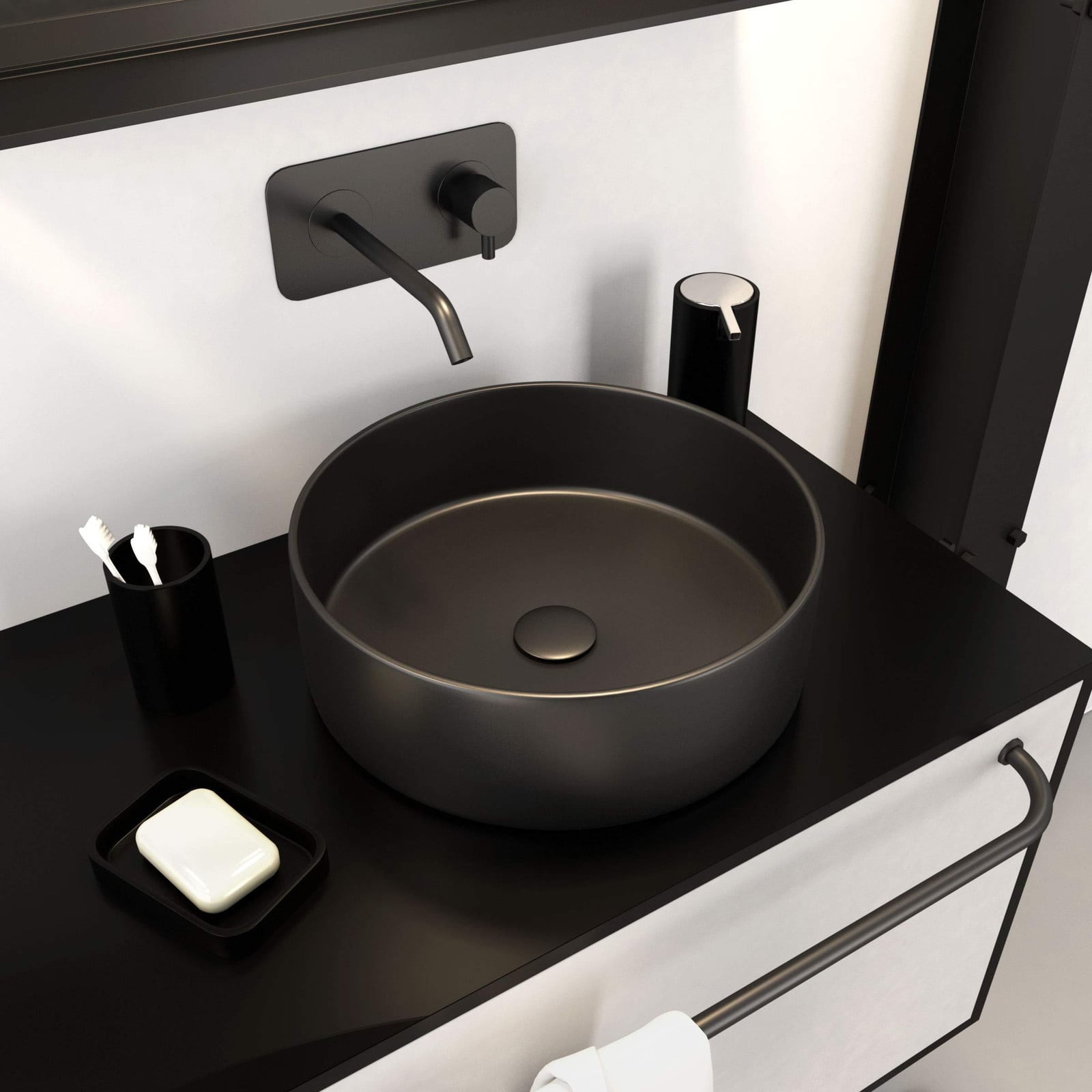 Dripio Ronde keramische countertop wasbak, zwart, Diameter: 36 cm