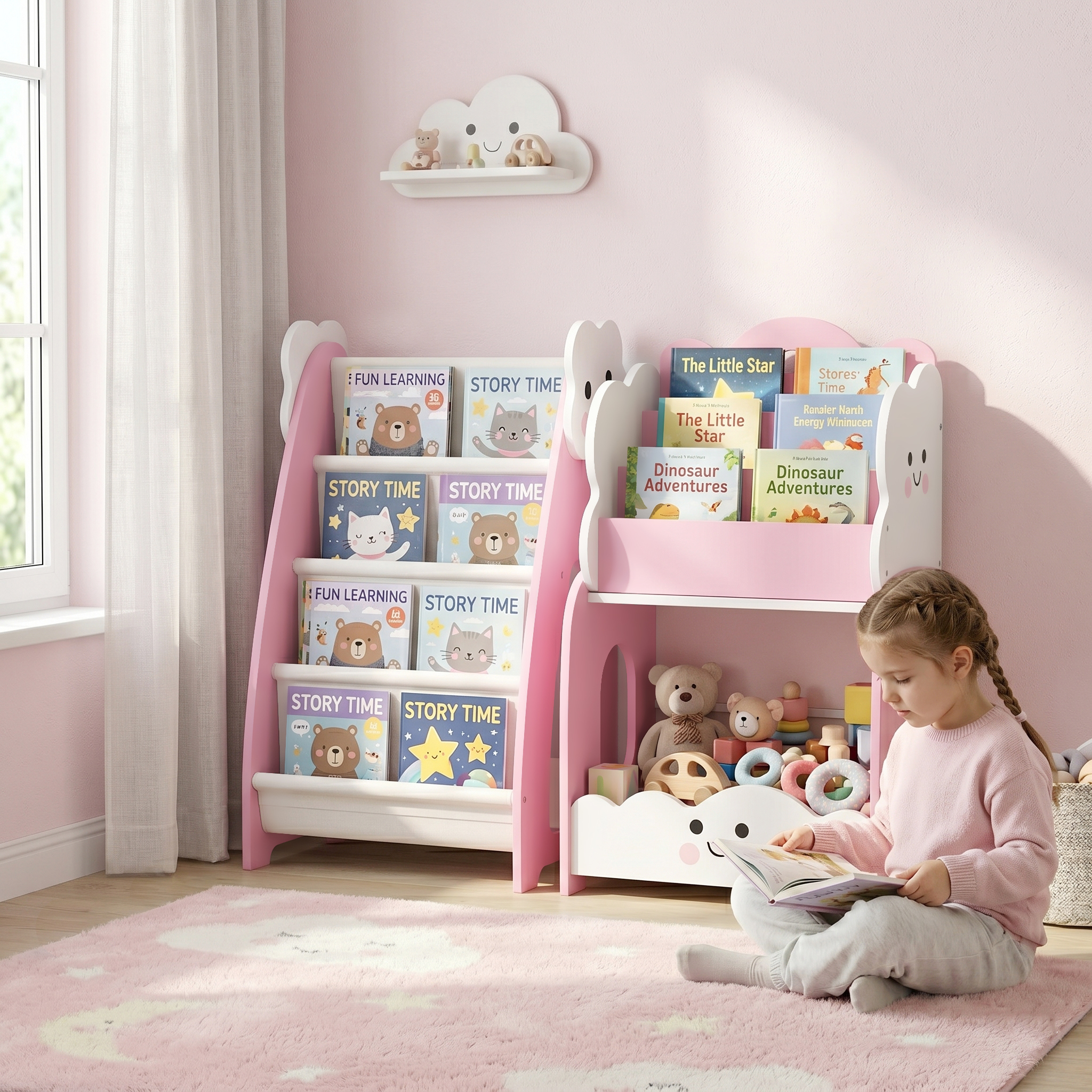 Aiyaplay Libreria Bambini 3-in-1 con 4 Scomparti e 3 Ripiani, Comodino per Cameretta, Rosa   Aosom Italy