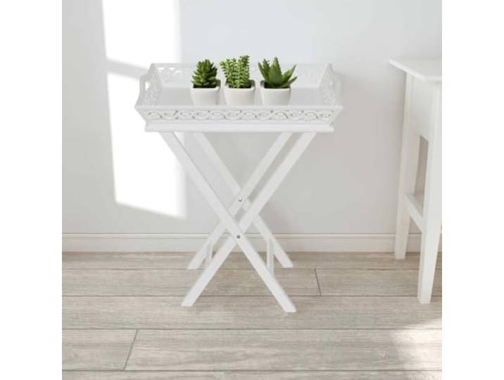 GPWERSDF Serviertisch Beistelltisch mit Tablett Weiß Abnehmbares Tablett, Klappbare Beine, MDF und Kiefernholz, Für Flur, Garten, Terrasse